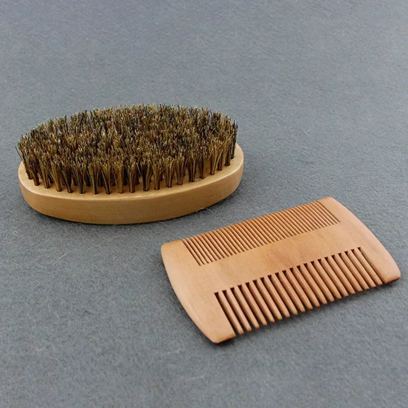 2Pcs Soft Boar Wood Beard Brush Set