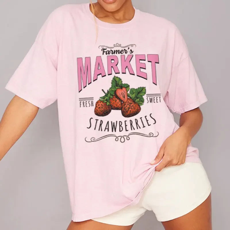 Strawberry Market Vintage Cotton Womens Graphic Tee