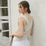 Gentle Breeze Blue None Casual Linen Womens Tank Top