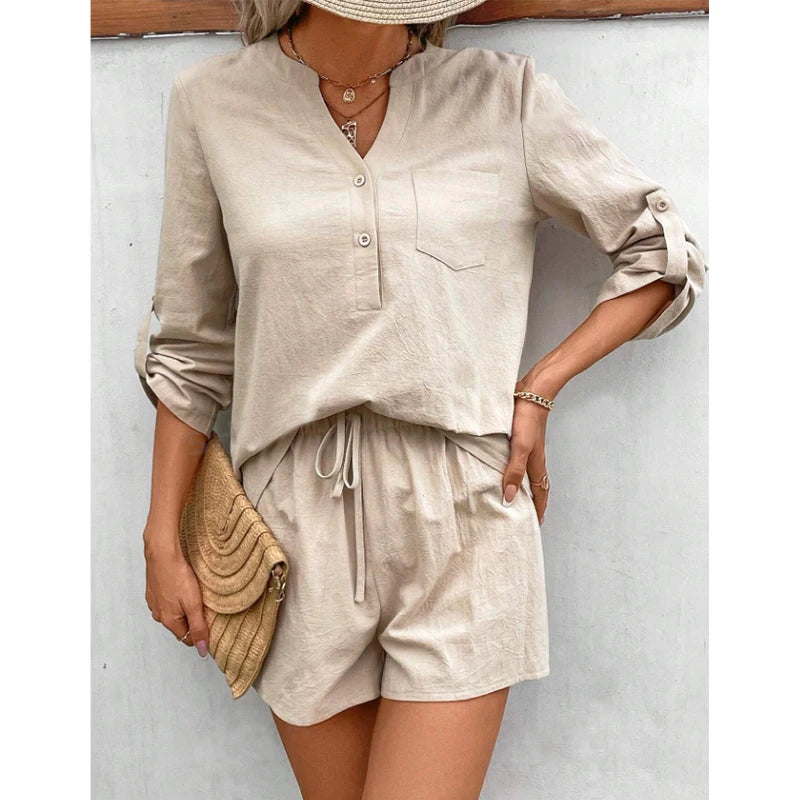 Oat Fields 2Pcs Long Sleeve Blouse & Shorts Cotton Womens Set