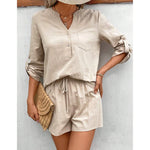 Oat Fields 2Pcs Long Sleeve Blouse & Shorts Cotton Womens Set