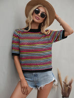 Crimson Wave Stripes Casual Cotton Women Top