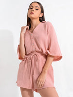 Pink Camellia Drawstring Shorts Cotton Womens Lounge Set