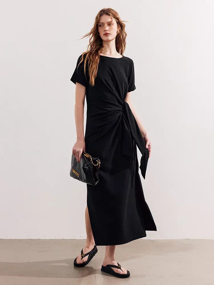 Women Dress Summer New 94% Cotton Solid Color Round Neck Waist Tie Slit Short Sleeves Dress
