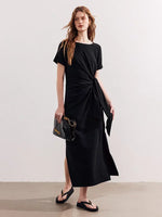 Women Dress Summer New 94% Cotton Solid Color Round Neck Waist Tie Slit Short Sleeves Dress