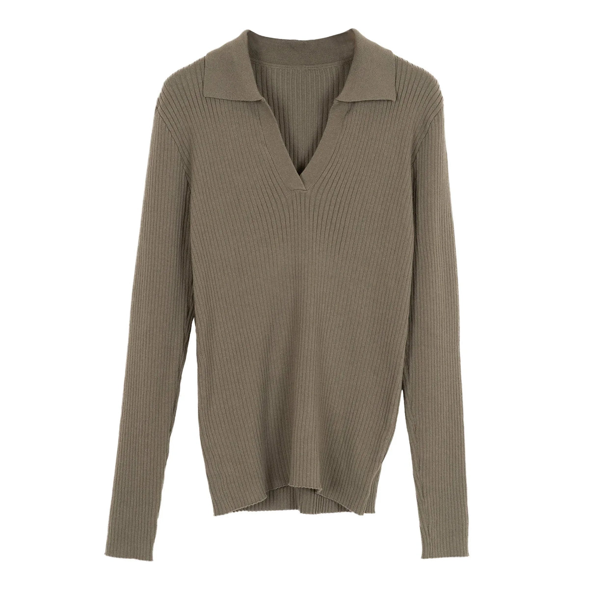 Ribbed Cotton V Neck Polo Collar Sweater Women Knitwear Brown, Black, White