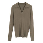 Ribbed Cotton V Neck Polo Collar Sweater Women Knitwear Brown, Black, White