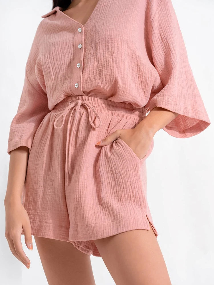 Pink Camellia Drawstring Shorts Cotton Womens Lounge Set