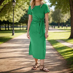 Women Dress Summer New 94% Cotton Solid Color Round Neck Waist Tie Slit Short Sleeves Dress