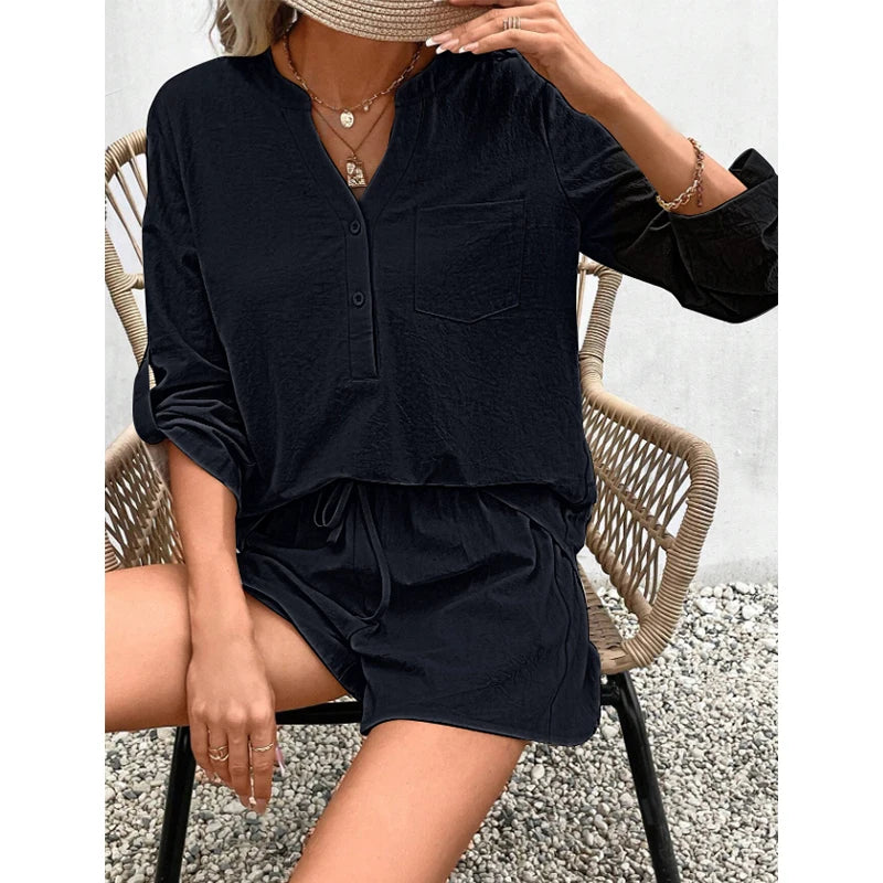 Oat Fields 2Pcs Long Sleeve Blouse & Shorts Cotton Womens Set