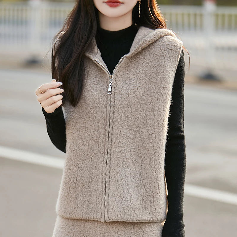 New 100% Australian wool vest solid color knitted women's cardigan sleeveless hooded sweater high-end coat women's wool vest