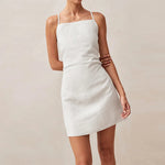 Natural Tones Back Cross Sleeveless Mini Cotton Linen Womens Dresss