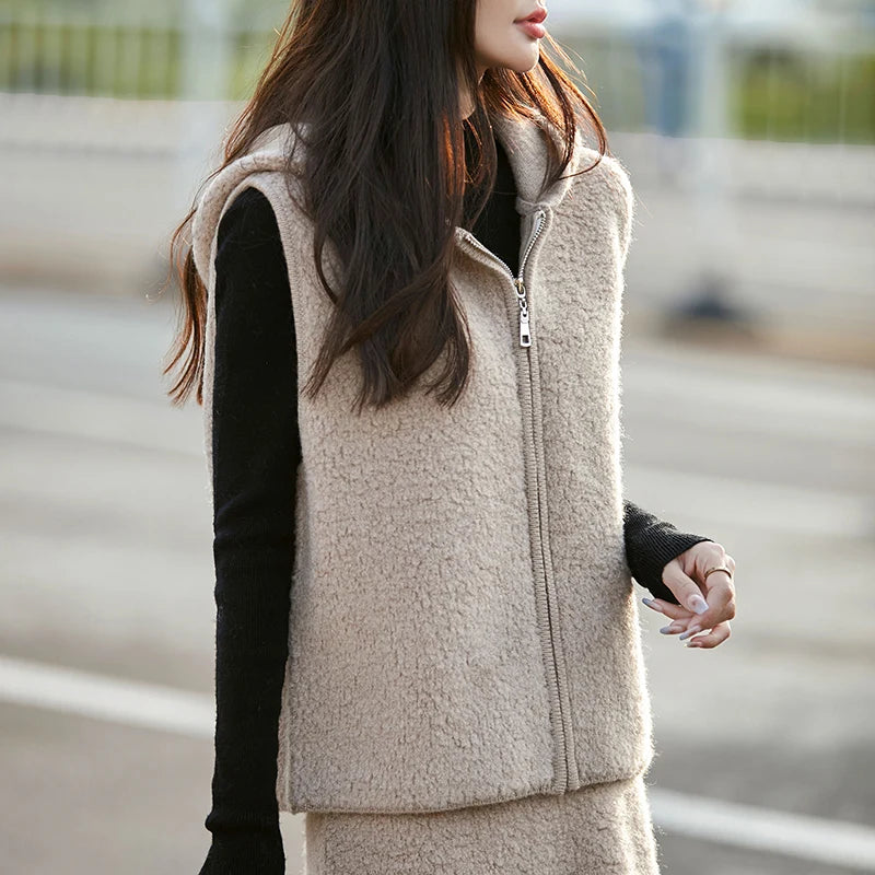 New 100% Australian wool vest solid color knitted women's cardigan sleeveless hooded sweater high-end coat women's wool vest