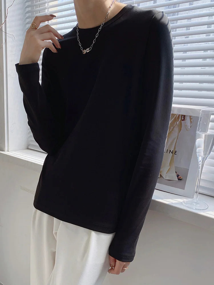 Essential Pima Cotton T Shirts Long Sleeve Women Crew Neck Top Tees S,M,L