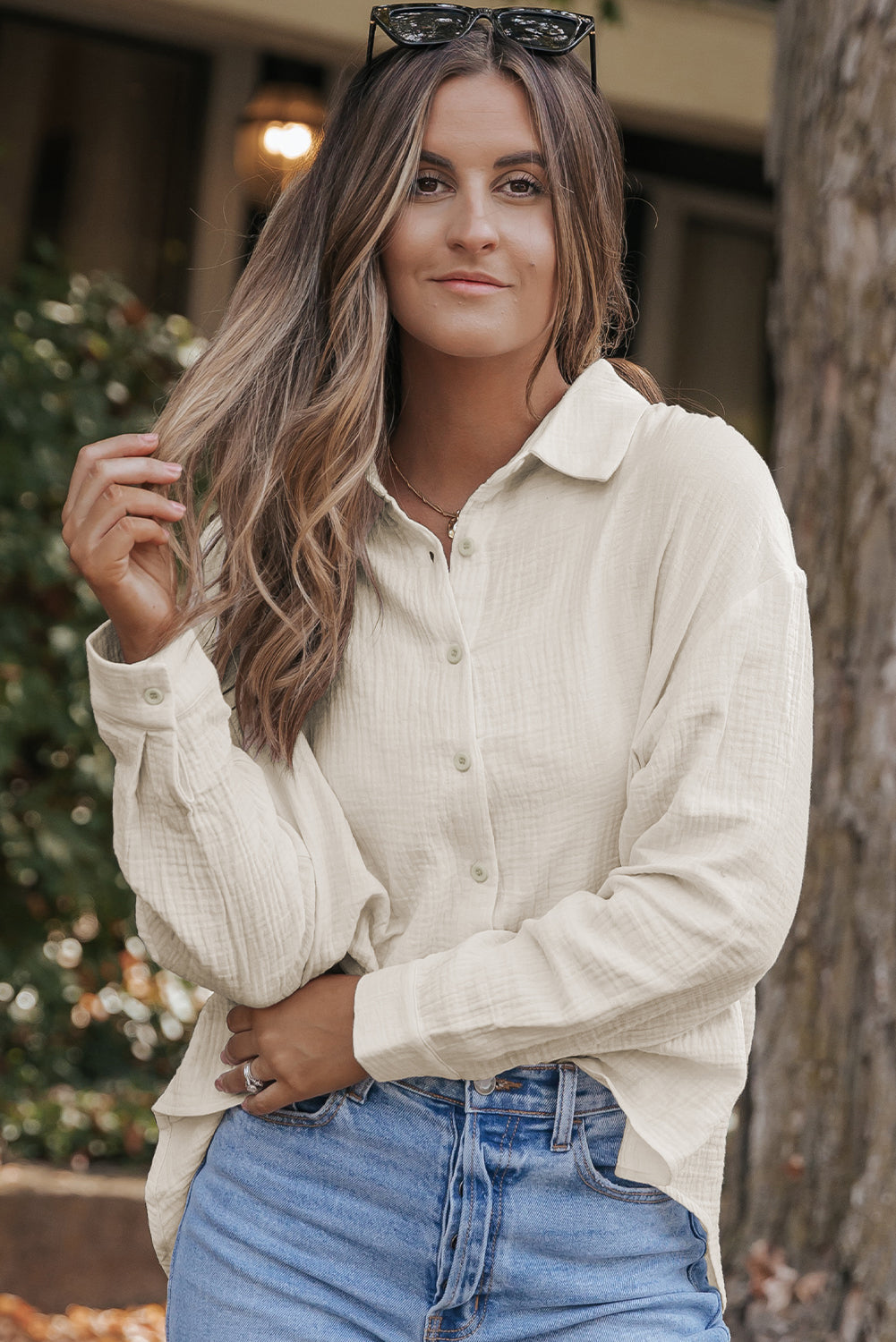 Wildflower Mist Crinkle Sleeve Oversized Cotton Womens Shirt