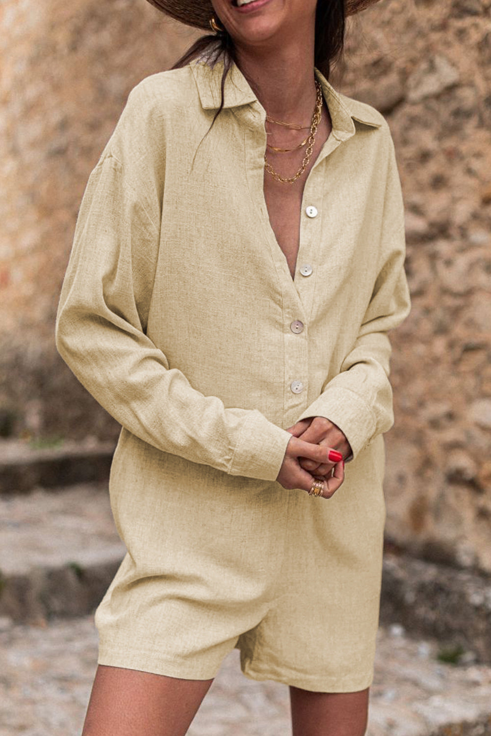 Toffee Gardenia Half Button Viscose Linen Womens Romper