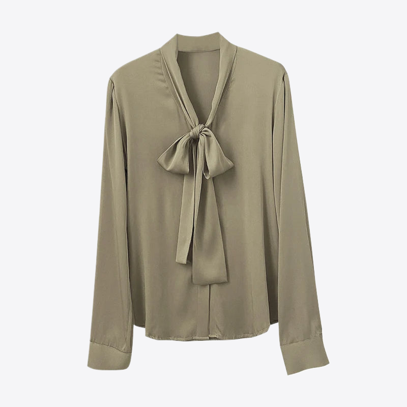 Green Spring Bow Collar Mulberry Silk Womens Blouse