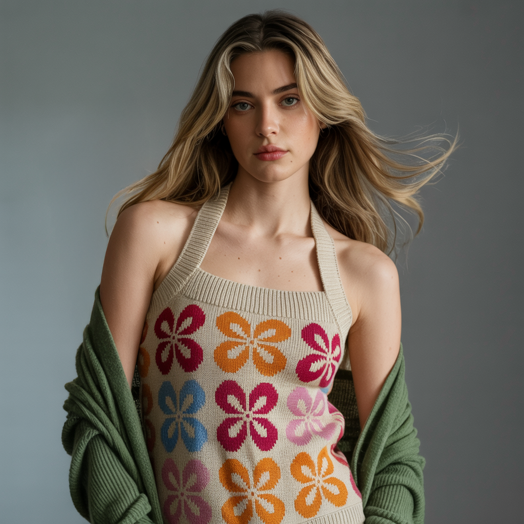 Flower Pom Knit Cashmere Womens Halter Top