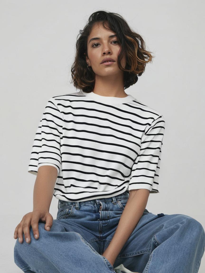 Icy Pathway Stripes Round Neck Mulberrry Silk Cotton Womens Shirt