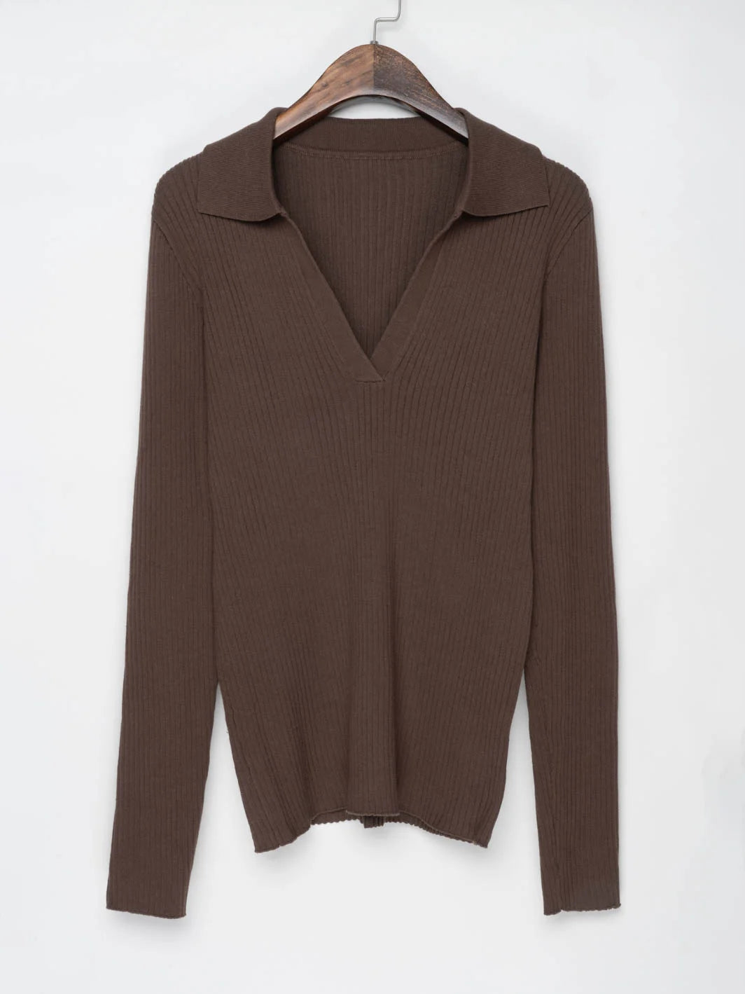 Ribbed Cotton V Neck Polo Collar Sweater Women Knitwear Brown, Black, White