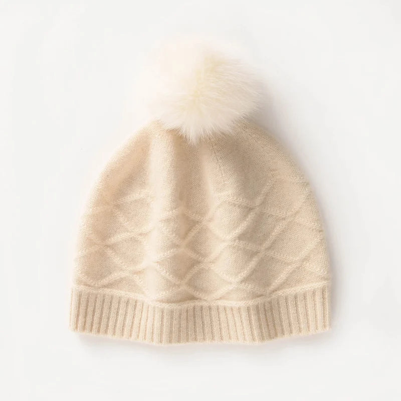 Apricot Harvest Pom Knit Cashmere Womens Beanie Hat | Hypoallergenic - Allergy Friendly - Naturally Free