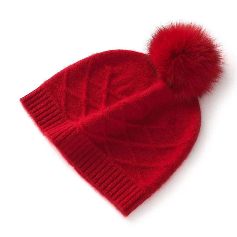 Apricot Harvest Pom Knit Cashmere Womens Beanie Hat | Hypoallergenic - Allergy Friendly - Naturally Free