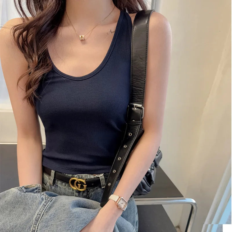 Scoop Racer Back Tank Top Women Slim Ribbed Cropped Top Summer