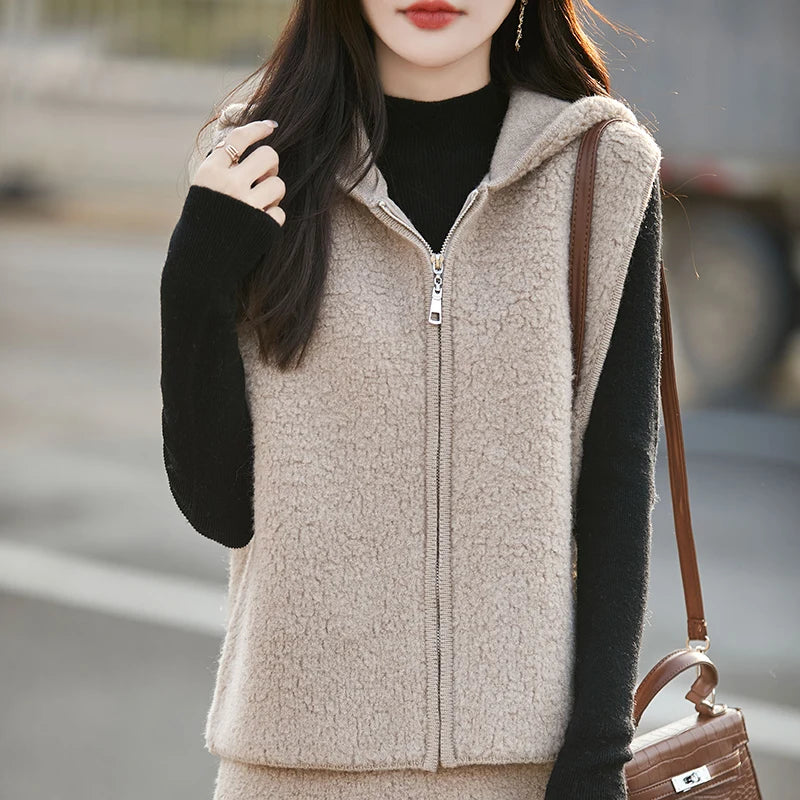 New 100% Australian wool vest solid color knitted women's cardigan sleeveless hooded sweater high-end coat women's wool vest