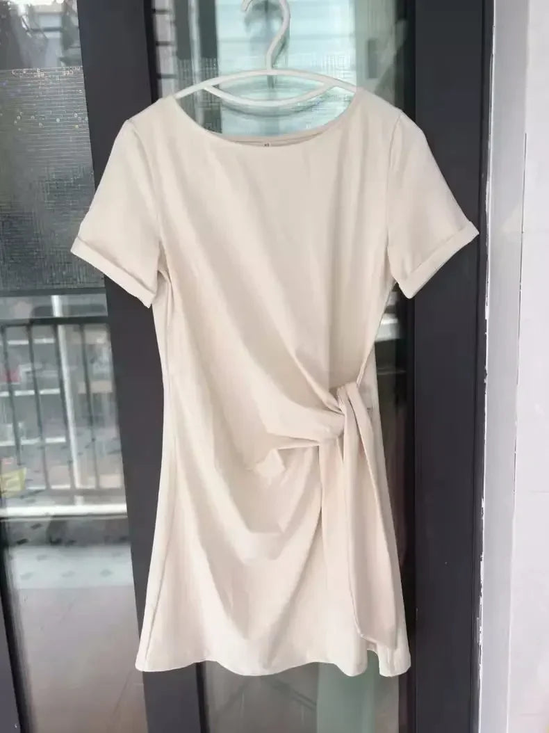 Women Dress Summer New 94% Cotton Solid Color Round Neck Waist Tie Slit Short Sleeves Dress