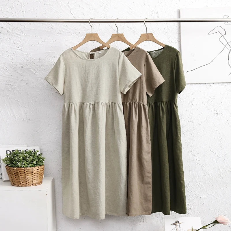 Green Olives 1Pc Cotton Linen Womens Dress
