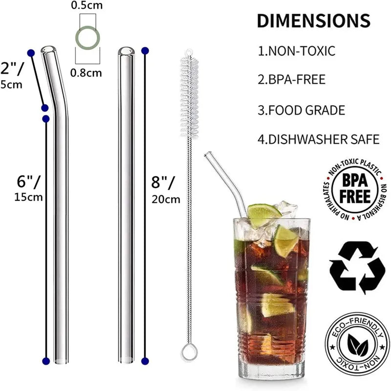 Azure Frost Reusable Heat-Resistant Borosilicate Glass Straws With Cleaning Pipes