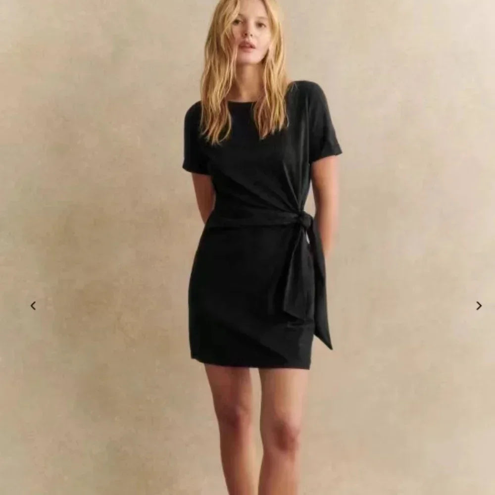 Women Dress Summer New 94% Cotton Solid Color Round Neck Waist Tie Slit Short Sleeves Dress