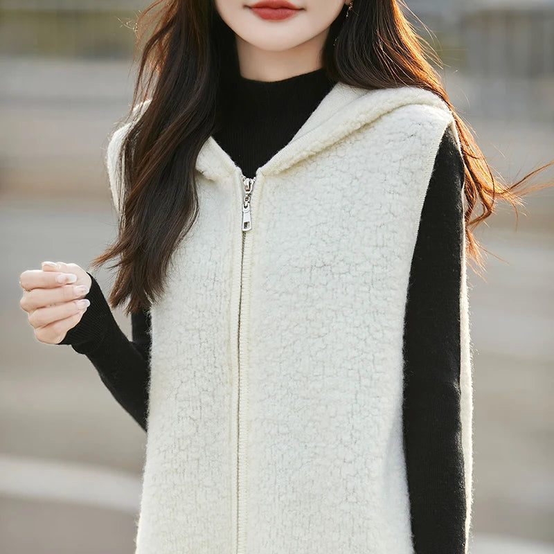 New 100% Australian wool vest solid color knitted women's cardigan sleeveless hooded sweater high-end coat women's wool vest