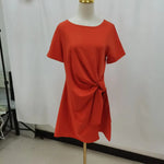 Women Dress Summer New 94% Cotton Solid Color Round Neck Waist Tie Slit Short Sleeves Dress