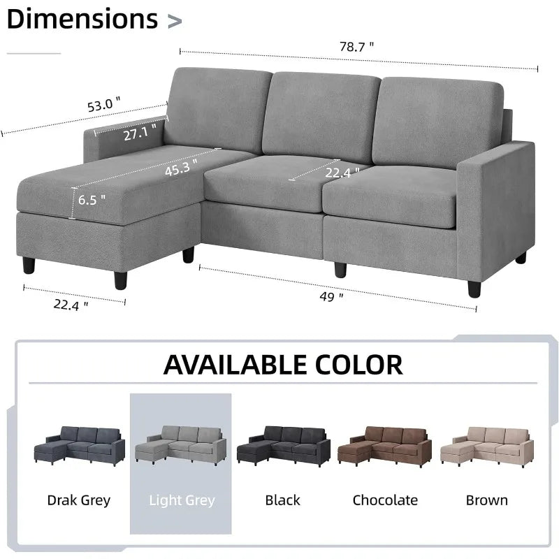 Scandinavia Dusk 3-Seat Convertible Sectional Cotton Sofa