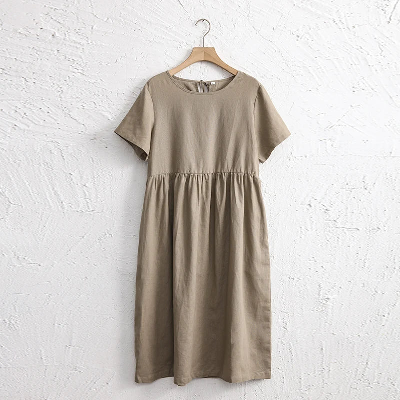 Green Olives 1Pc Cotton Linen Womens Dress