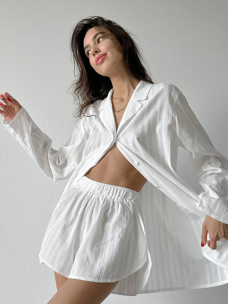 Lilac Flower Stripes Long Sleeve & Shorts Cotton Womens Lounge Set