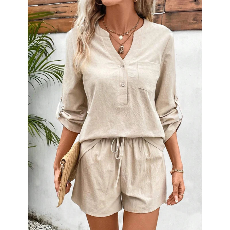 Oat Fields 2Pcs Long Sleeve Blouse & Shorts Cotton Womens Set