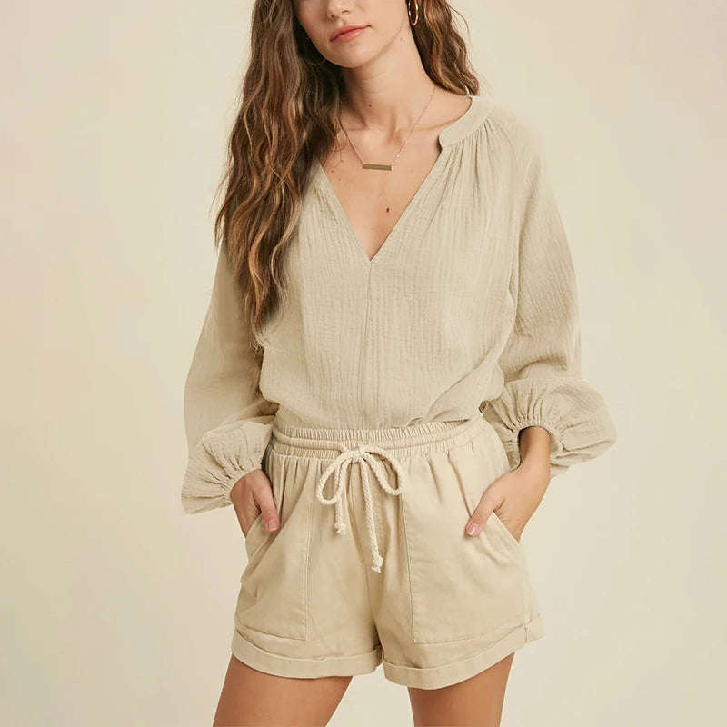 Sunlit Sand 100% Cotton Womens Casual Blouse