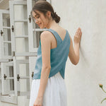 Gentle Breeze Blue None Casual Linen Womens Tank Top