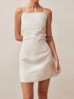 Natural Tones Back Cross Sleeveless Mini Cotton Linen Womens Dresss