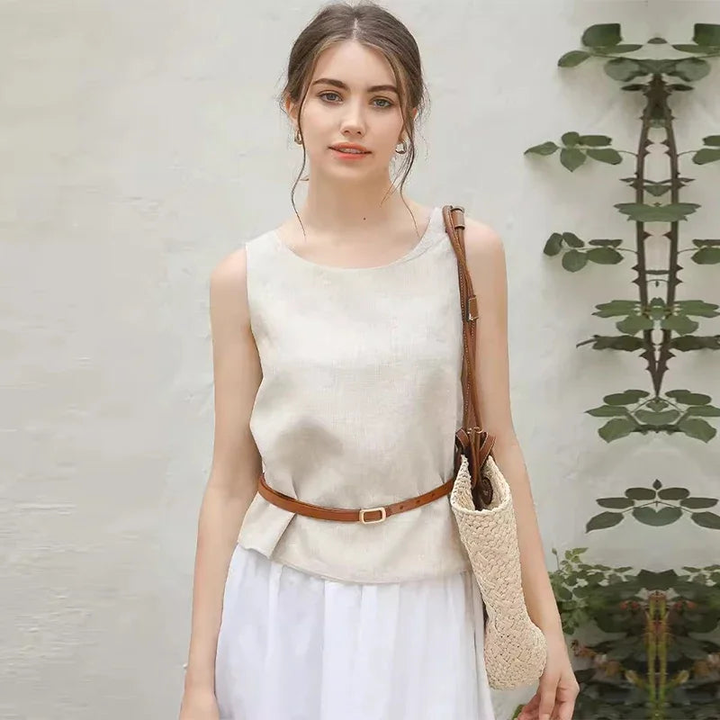 Gentle Breeze Blue None Casual Linen Womens Tank Top