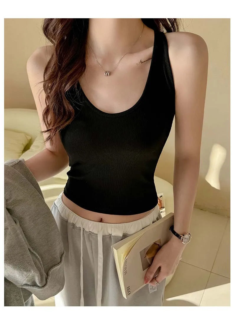 Scoop Racer Back Tank Top Women Slim Ribbed Cropped Top Summer