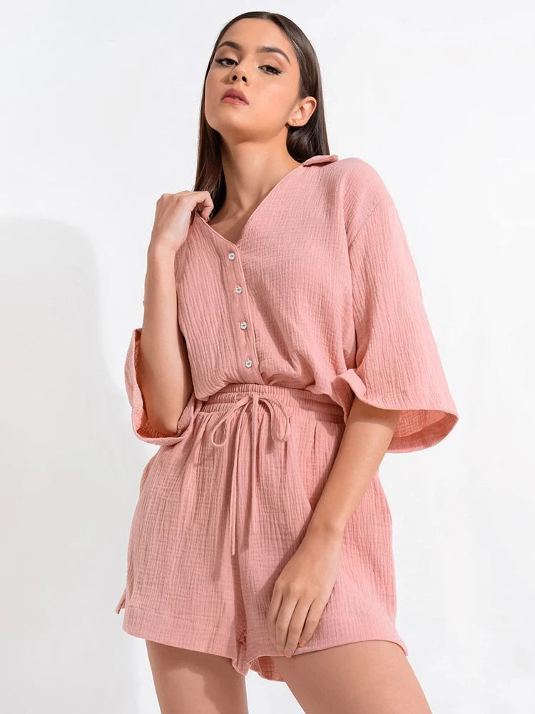 Pink Camellia Drawstring Shorts Cotton Womens Lounge Set