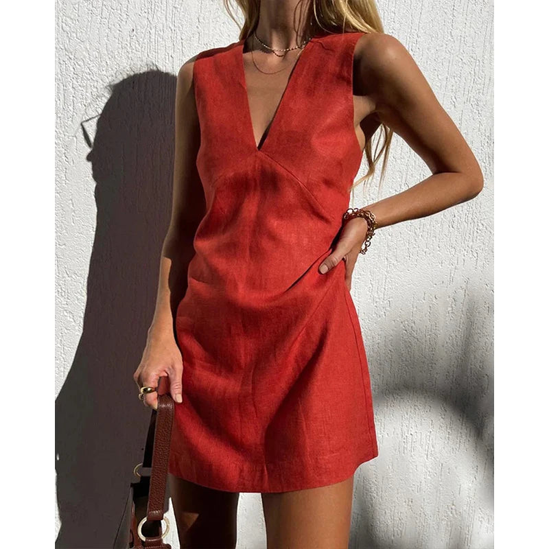 Citrus Red V-Neck Cotton Linen Womens Dress