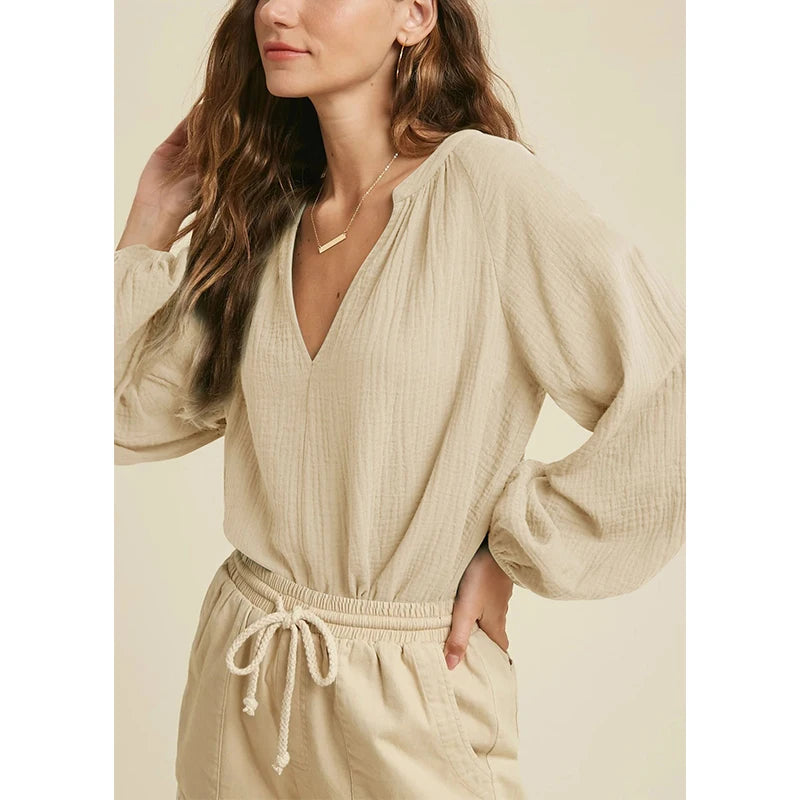 Sunlit Sand 100% Cotton Womens Casual Blouse