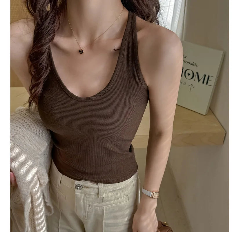 Scoop Racer Back Tank Top Women Slim Ribbed Cropped Top Summer