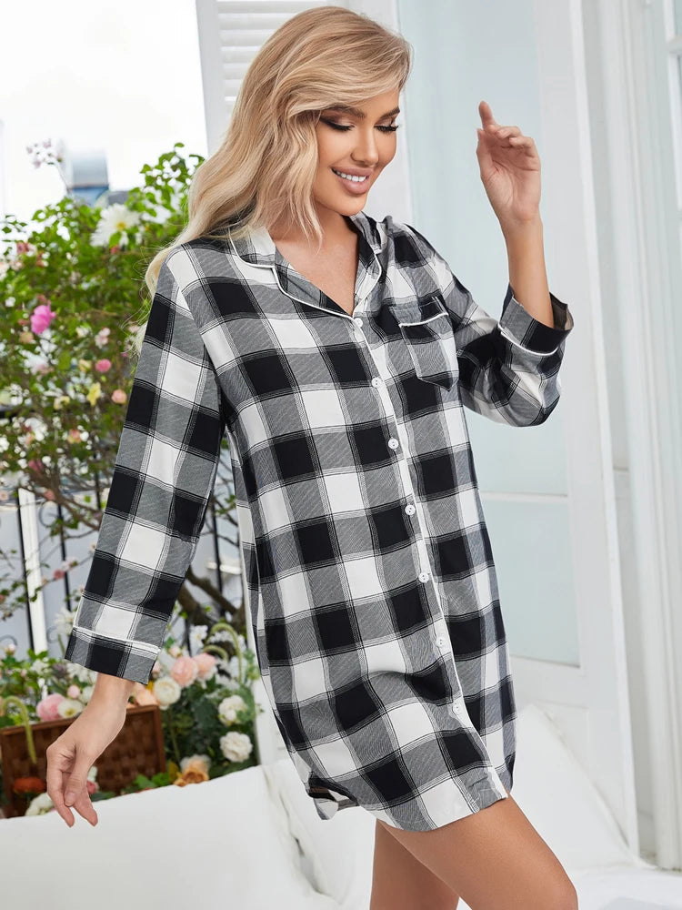 Midnight Sky Plaid Long Sleeve Womens Lounge Dress Pajamas