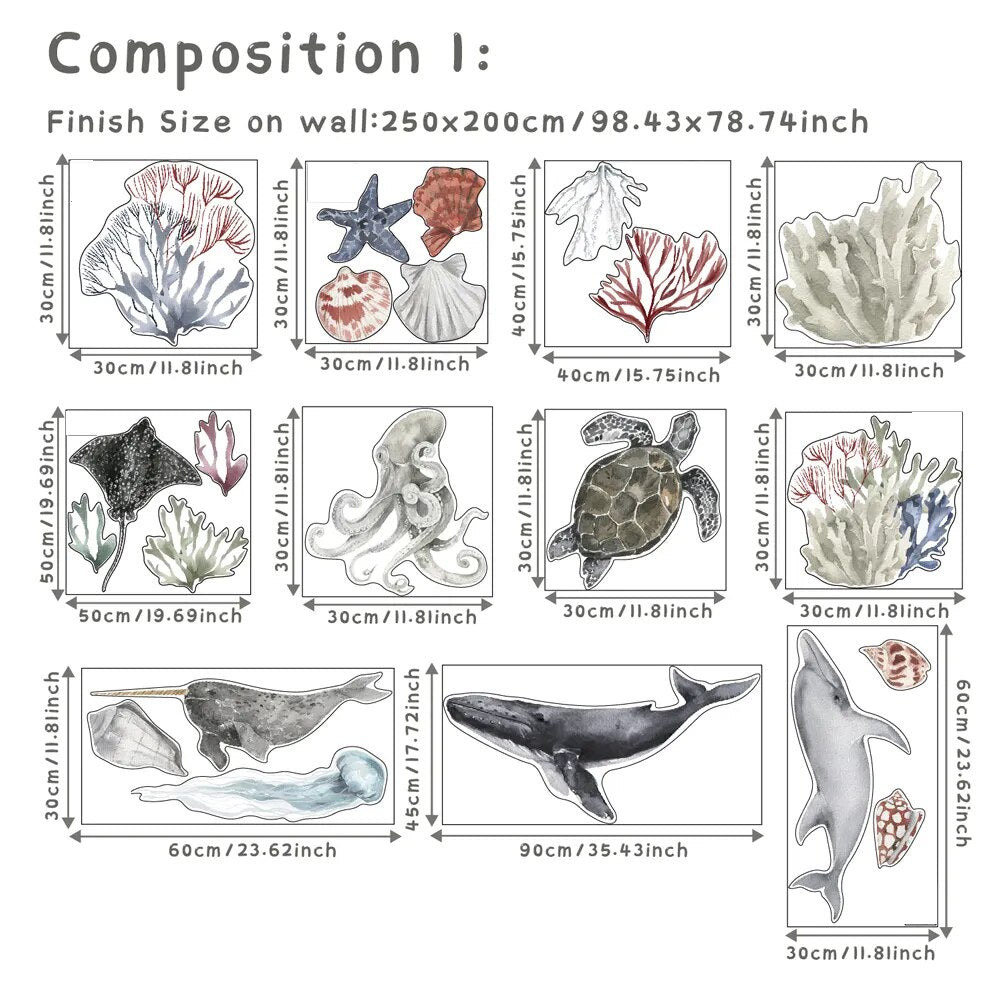 Underwater Animals DIY Vinyl Non-Toxic Decal Self Adhesive Wall Stickers | Hypoallergenic - Allergy Friendly - Naturally Free