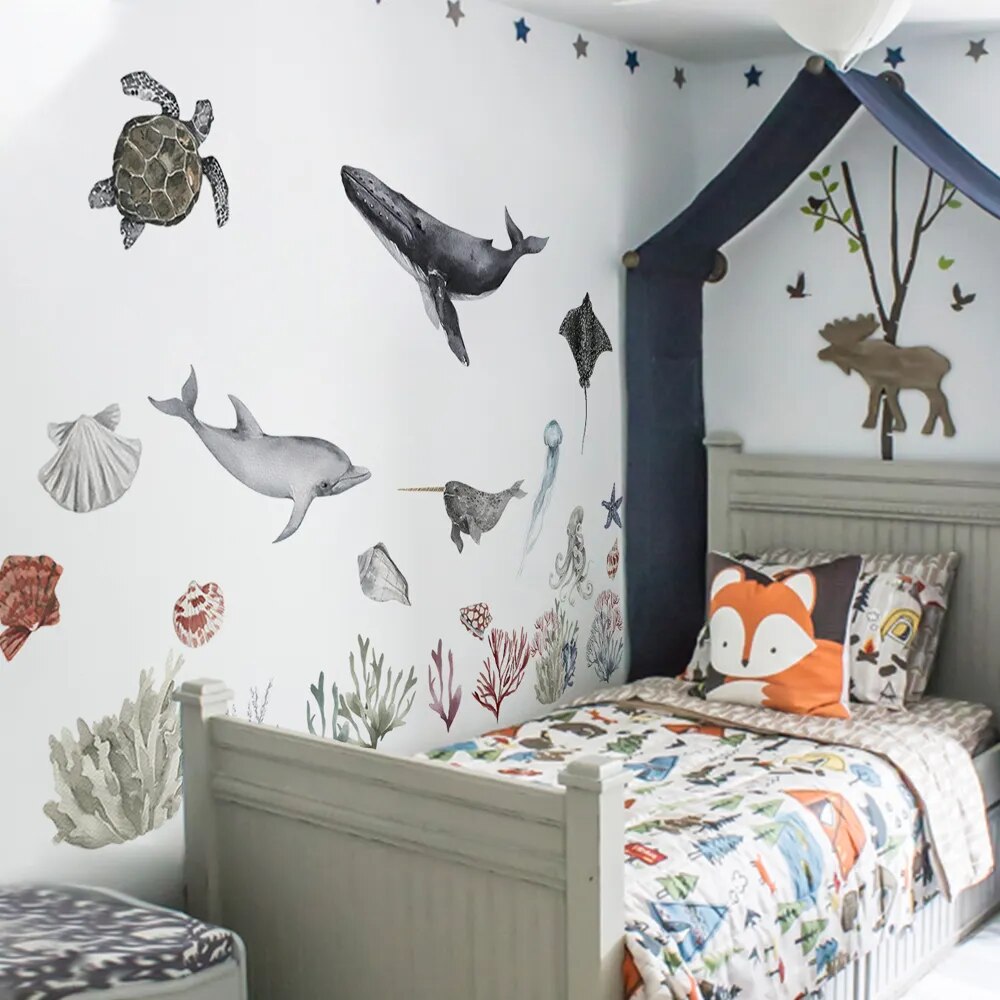 Underwater Animals DIY Vinyl Non-Toxic Decal Self Adhesive Wall Stickers | Hypoallergenic - Allergy Friendly - Naturally Free